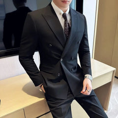 British Style Trendy Men's Blazer Black Double Breasted Slim Fit Suit Jacket