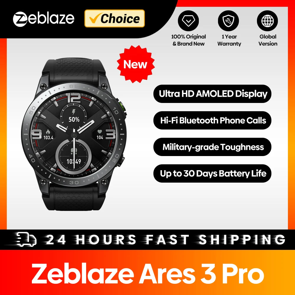 Zeblaze Ares 3 Pro Smart Watch Ultra HD AMOLED Display Voice Calling 100+ Sports Modes 24H Health Monitor Smartwatch