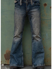 Men Flared Baggy Jeans Bootcut Leg Distressed Patchwork Denim Pants