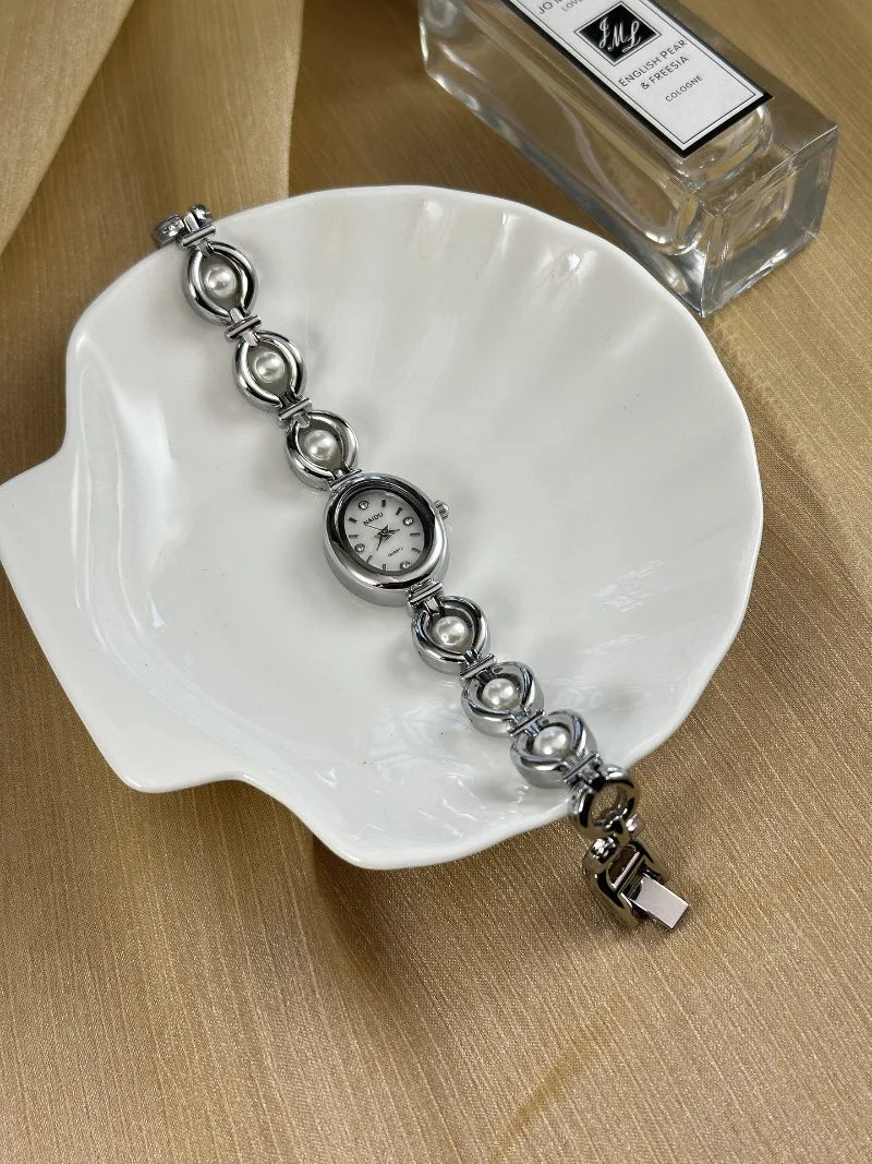 Luxury Pearl Inlaid Bracelet Watch Fashion Women Quartz Watch Brand Oval Dial Dress Wristwatches Dropshipping Relojes Para Mujer