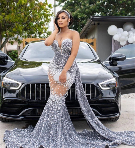 Homecoming Dresses: Prom Dresses Luxury Silver Diamond Crystals Prom Gowns