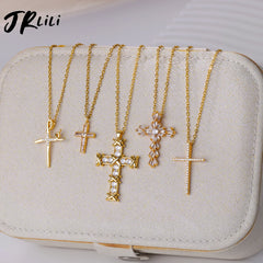 Cross Pendant Necklace for Women Gold Color Stainless Steel Collar Necklaces