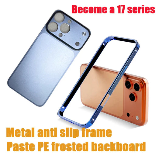 Anti-Slip Metal Frame Adhesive PE Frosted Backplate Phone Case For iPhone 17 Pro Max 15 14 13 16 Pro Max Shockproof Back Cover