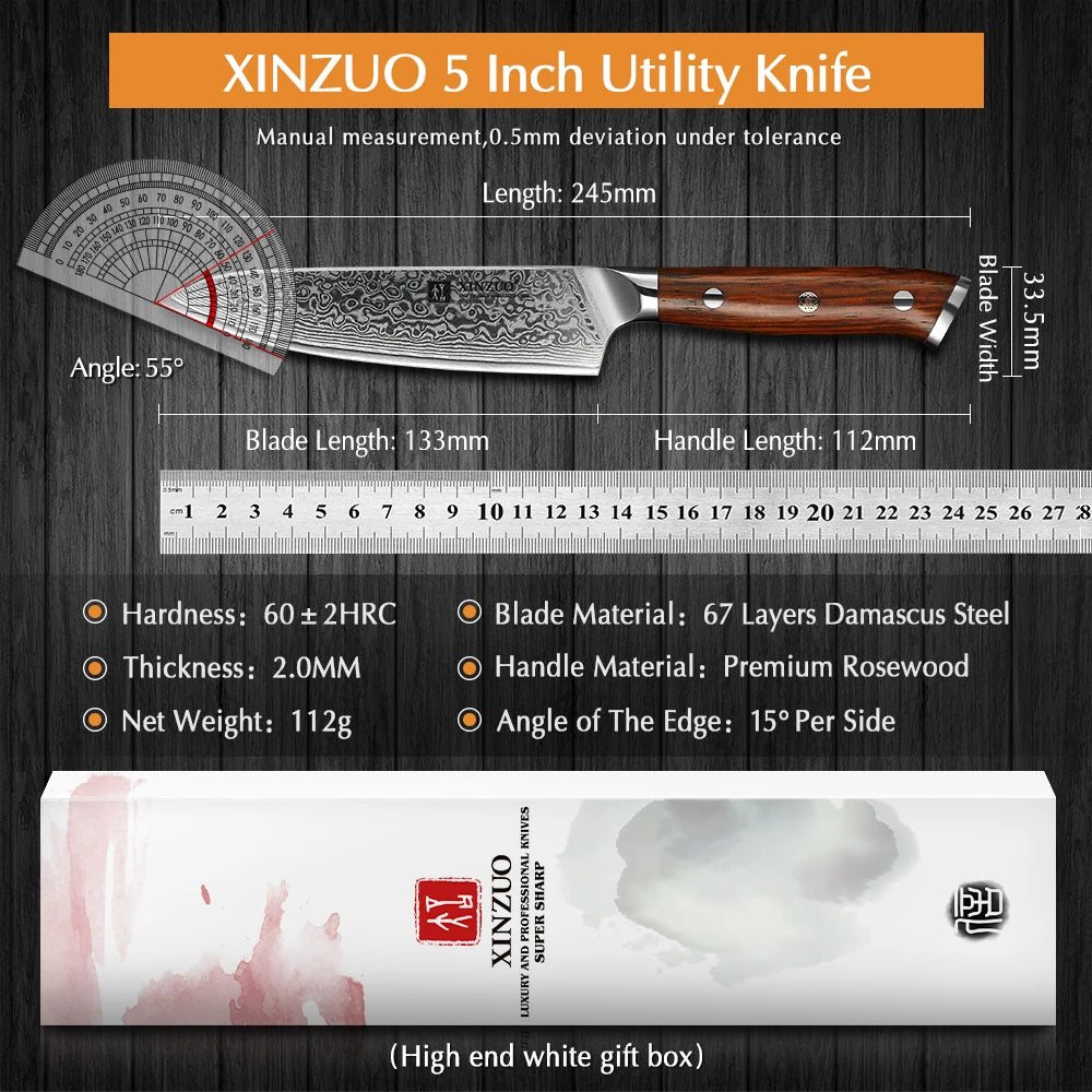 5'' Inch Utility Knives Japanese Damascus Steel Kitchen Knife Rosewood Handle