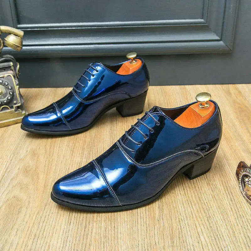 Elegant Blue High Heels Men Wedding Shoes Business Mens Luxury Dress Shoes Shiny Patent Leather Oxford Shoe Men sapato masculino