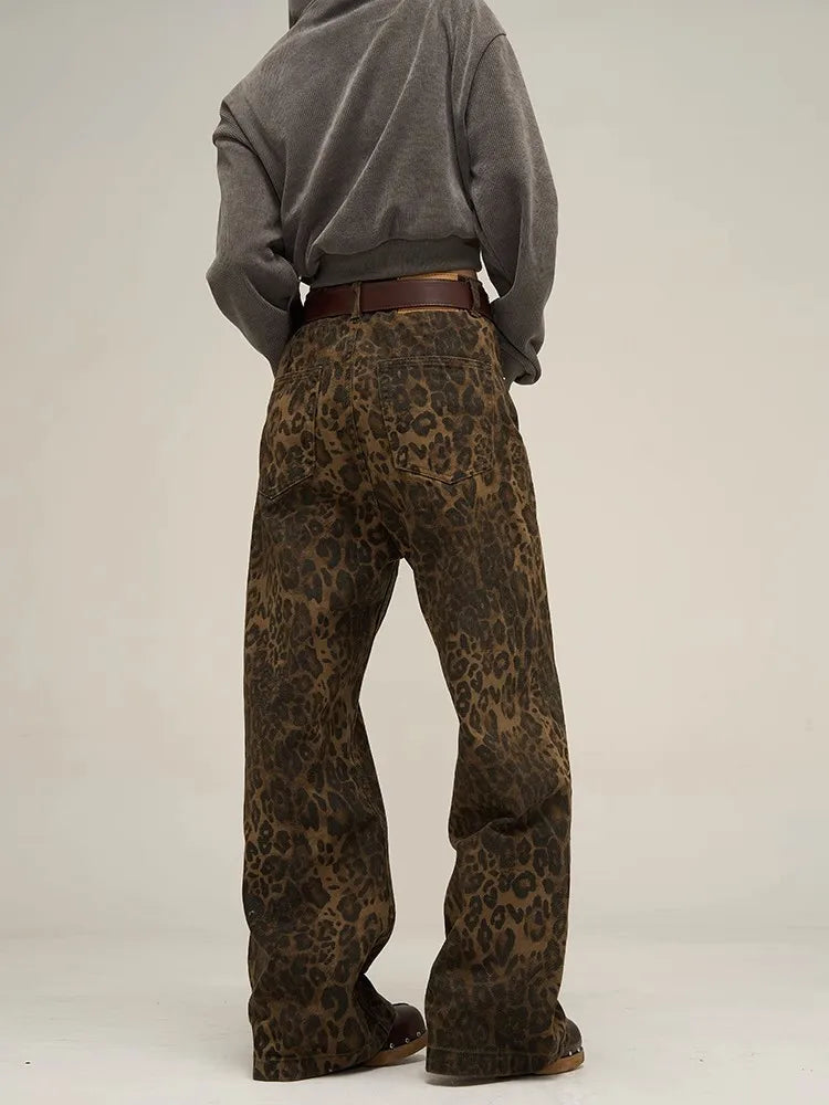 Leopard Jeans Women Denim Pants Female Wide Leg Trousers
