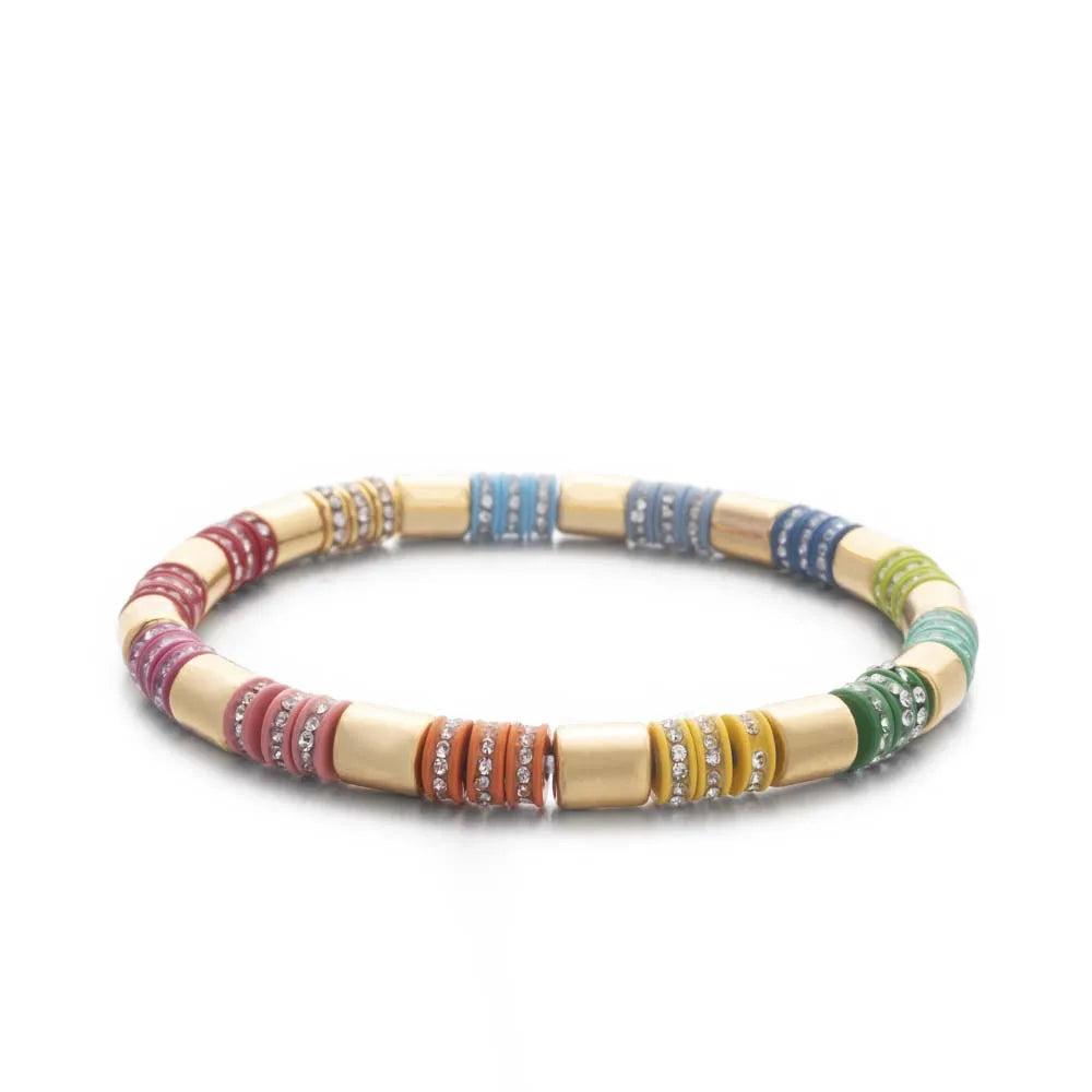 2023 New Design Paved Diamond Enamel Bracelets Colorful Beads Arrow Shape Elastic Bangle For Women Boho Stretch Jewelry