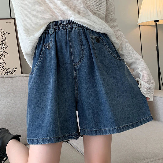 New 2024 Summer Plus Size Denim Shorts For Women High Elastic Wasit Wide Leg Loose Blue Jean Short Women Streetwear Half Jeans