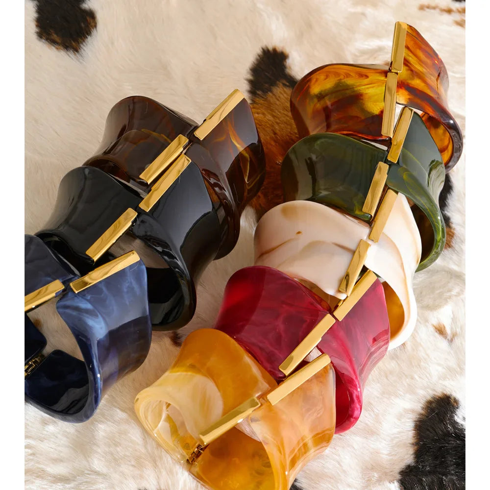 Yhpup 62mm Exclusive Design Multi-Color Acrylic Acetic Acid Wide Bracelet Bangle Stainless Steel Fashion Statement Jewelry 2025