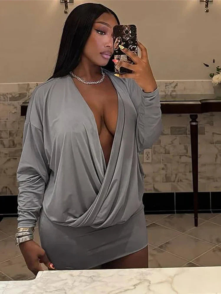 Nibber Cross Deep V-Neck Dress Women Full Sleeve Stretch Solid Midnight Street Clubwear Party Autumn Trend Elegant Mini Bodycon