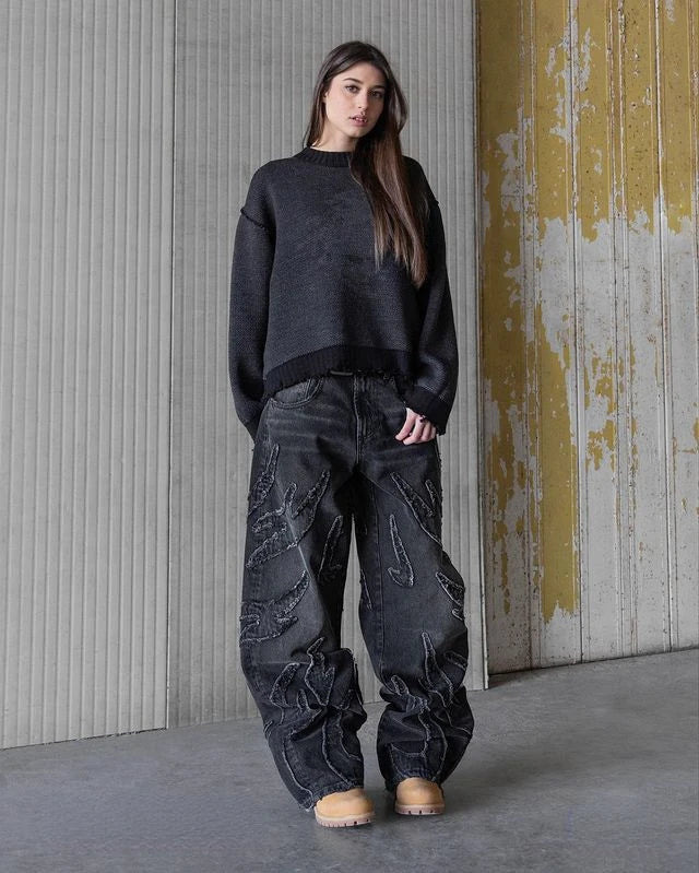 Baggy Jeans for Men Y2k Hip Hop Distressed Retro Black Pants  Oversized Embroidery