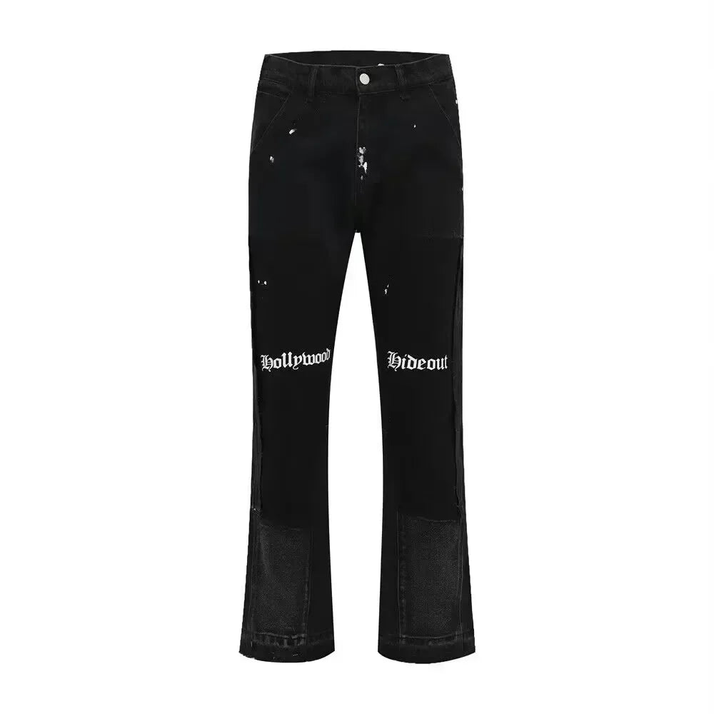 Jeans retro personalized straight-leg splicing flared pants trendy denim trousers
