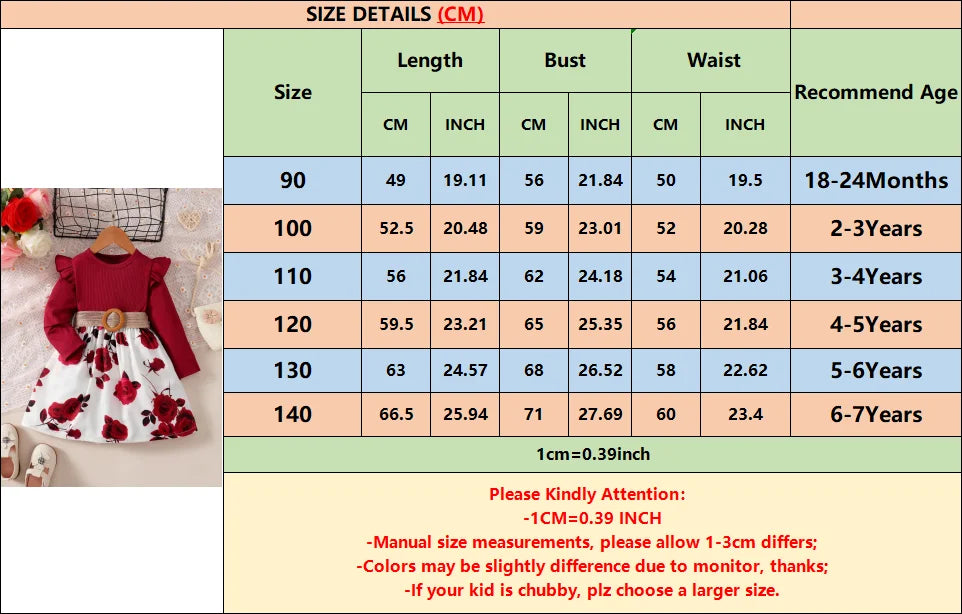 Children Girls Dress Red Long Sleeved Flower Skirt for Birthday