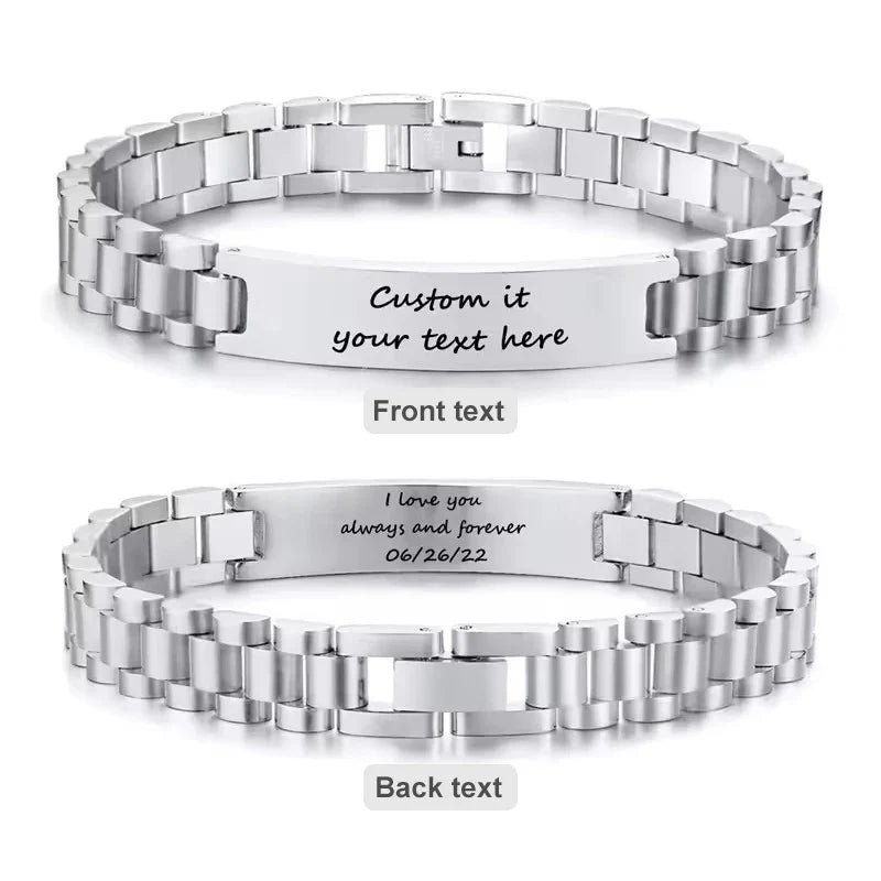 Personalized Engravable Stainless Steel ID Bracelets for Men Custom Engrave Name Plate Identity ID Bar Bracelets for Him19-21CM
