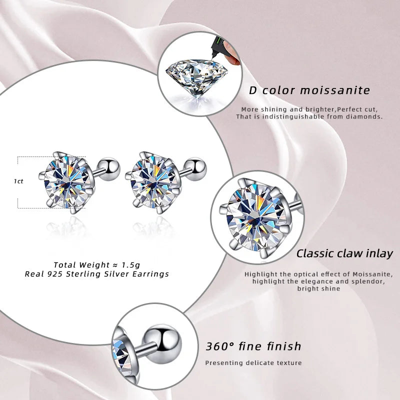 Gica Gema 0.5-2ct Moissanite Screw Stud Earrings D Color 925 Sterling Silver Diamond Earrings For Women Wedding Fine Jewelry