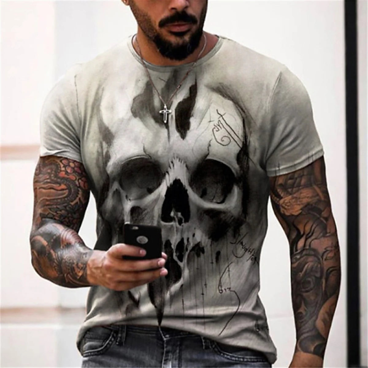 Men's Black Street Style T-shirt 3D Gothic Skull Printed Round Neck Short Sleeve Halloween Fashion Casual Top
