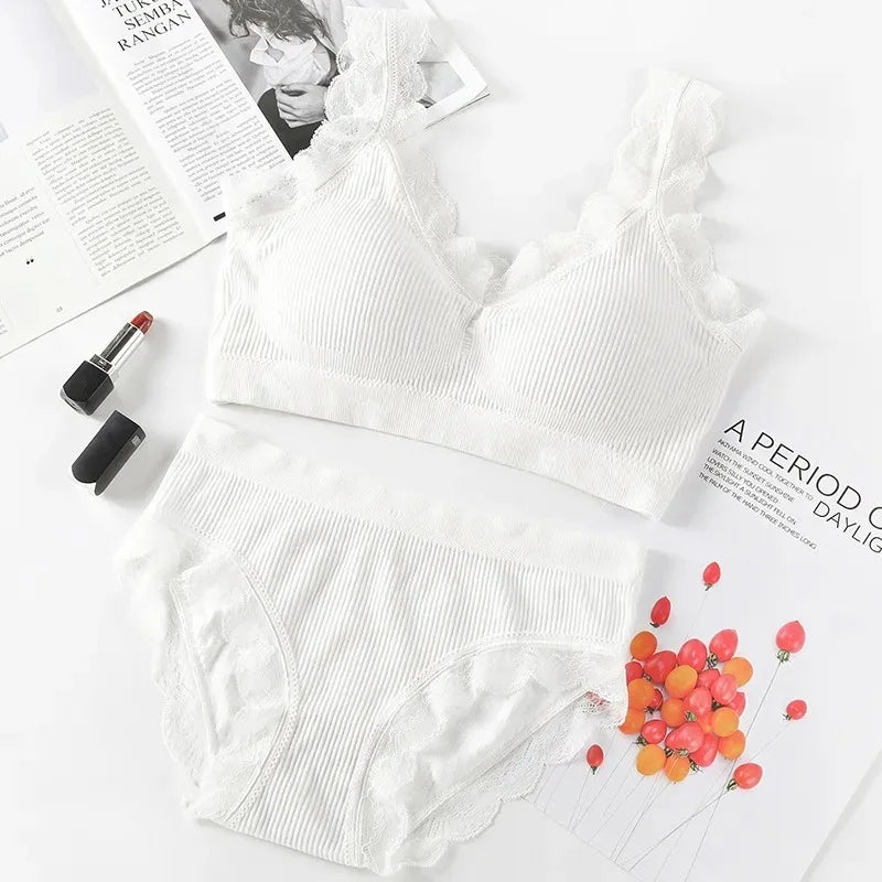 Lace Underwear Set Padded Bra Set Without Steel Ring Solid Women's