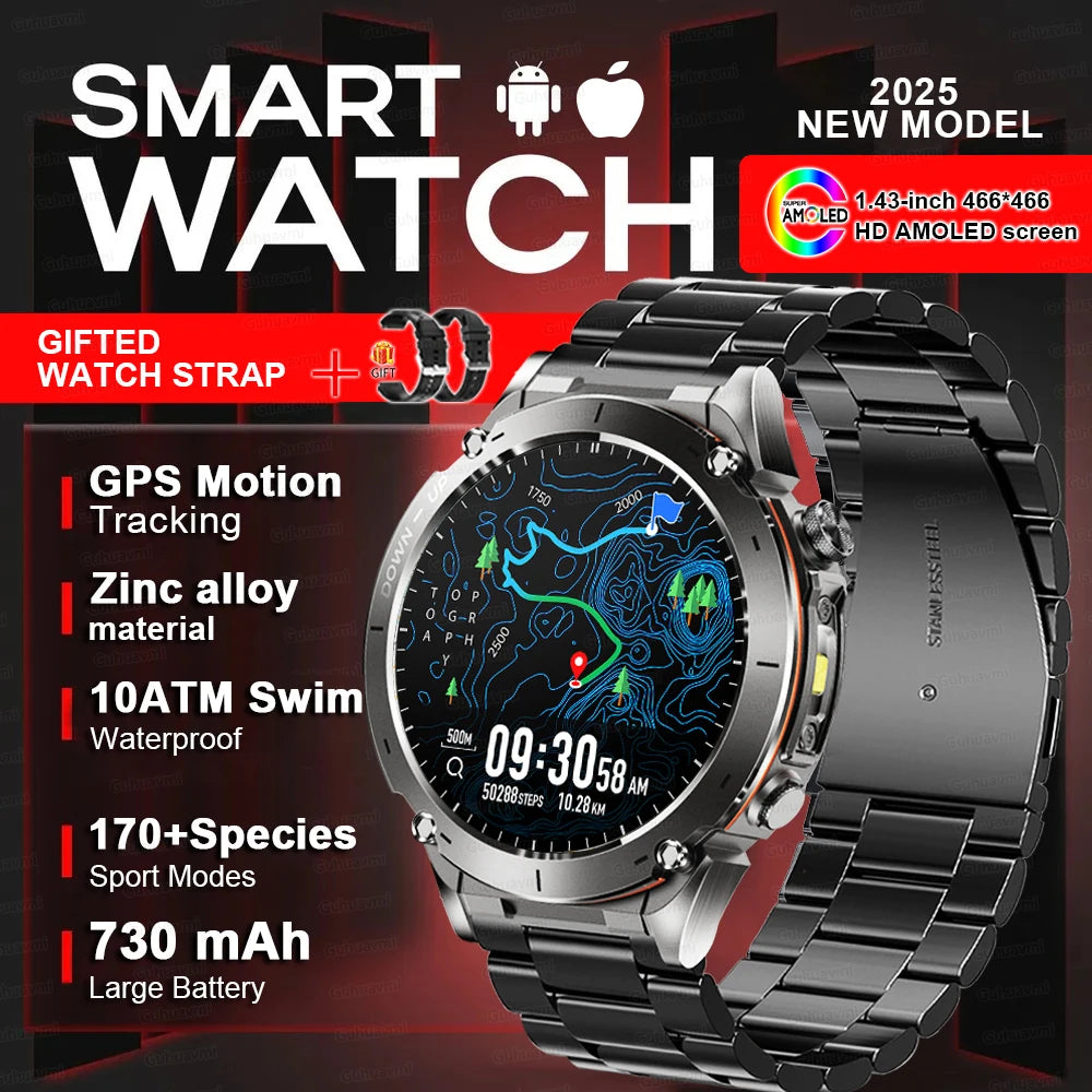 2025 Upgraded New Outdoors Sports Military GPS Smart Watch 10ATM Waterproof 730mAh High Battery Compass NFC HD BT Call Men Watch