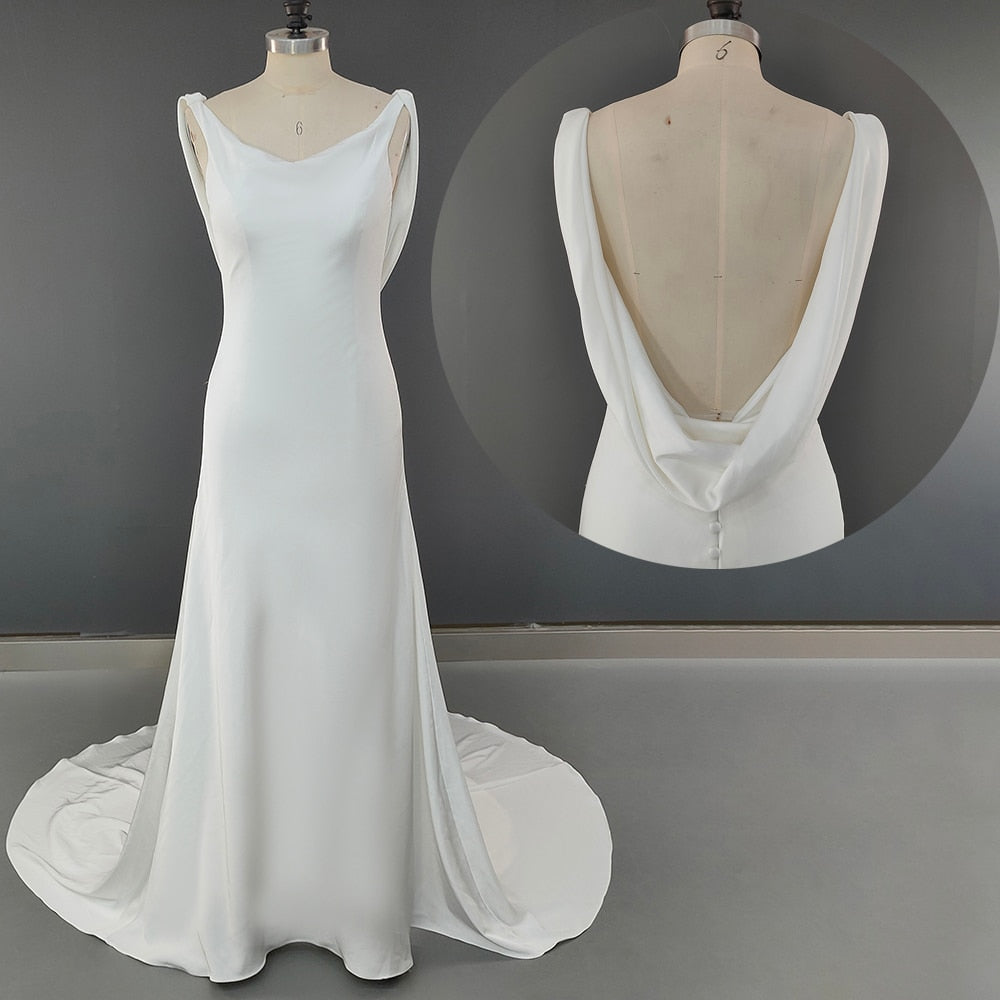 White Bridesmaid Dresses: Wedding Dress Long Train Backless Buttons Draped