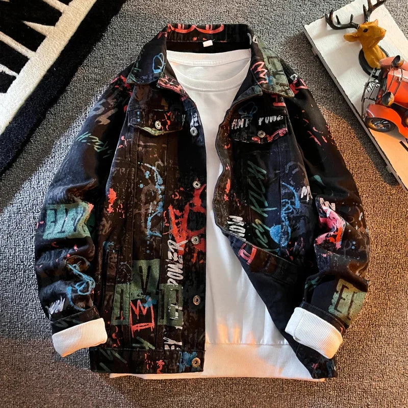 Hip Pop Leter Graffiti Denim Jacket Men's Fashion Spring Punk Wear Korean Jeans Coat