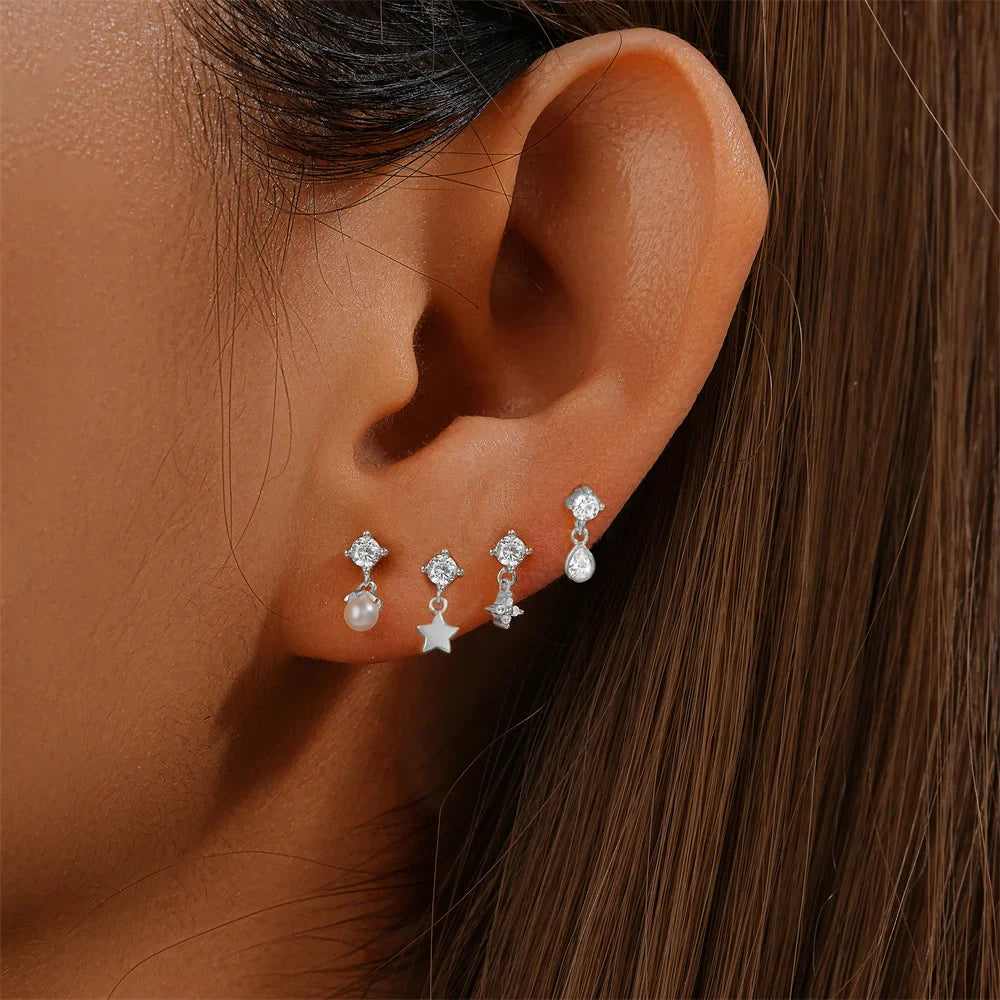 ROXI 925 Sterling Silver Star/Flower/Pearl Zircon Dangle Earrings For Women 1pc Simple Earrings For Women Girl Wedding Gift