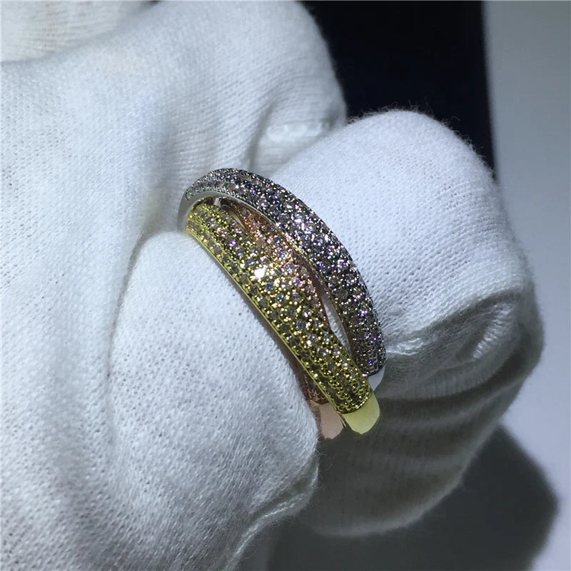 Triple Circles Gold/Rose Gold/Silver Ring Three Colors Luxury Jewelry Silver Color Pave CZ Ring Women Wedding Finger Rings Gift