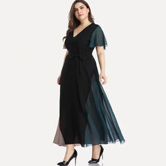 Plus Size V-neck Summer Elegant Chiffon Party Dress Women Short Sleeve Maxi Casual