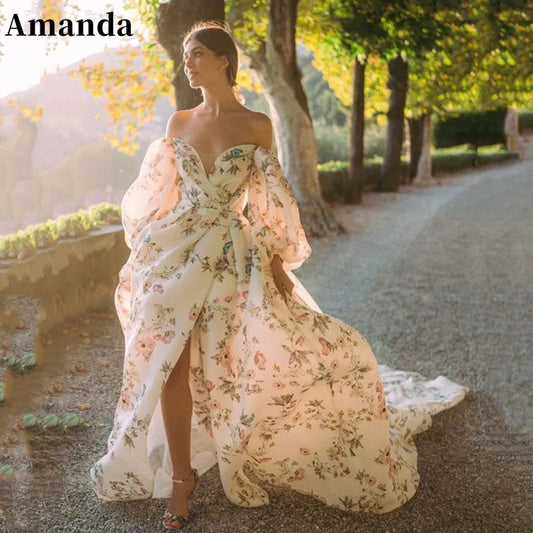 Homecoming Dresses: Long Sweep Train Flower Print Prom Gown