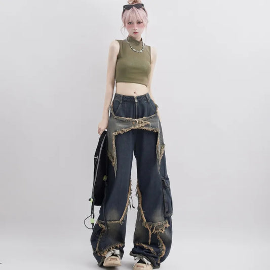 Women Blue Jeans Contrasting Colors High Waist American Street Wide Leg Pants