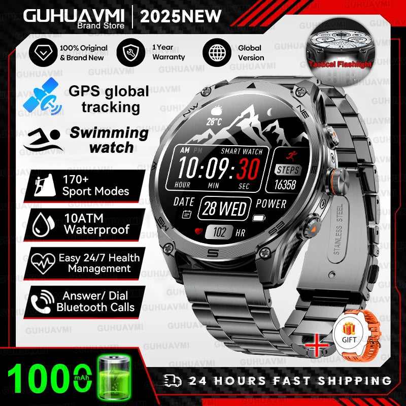 2025 New Outdoors Military GPS Sports Smart Watch Men Built-in Dual-Band GNSS Compass Altimeter 10ATM Bluetooth call Smartwatch