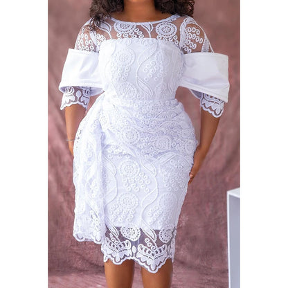 Plus Size White Daily Round Neck Lace Midi Dresses