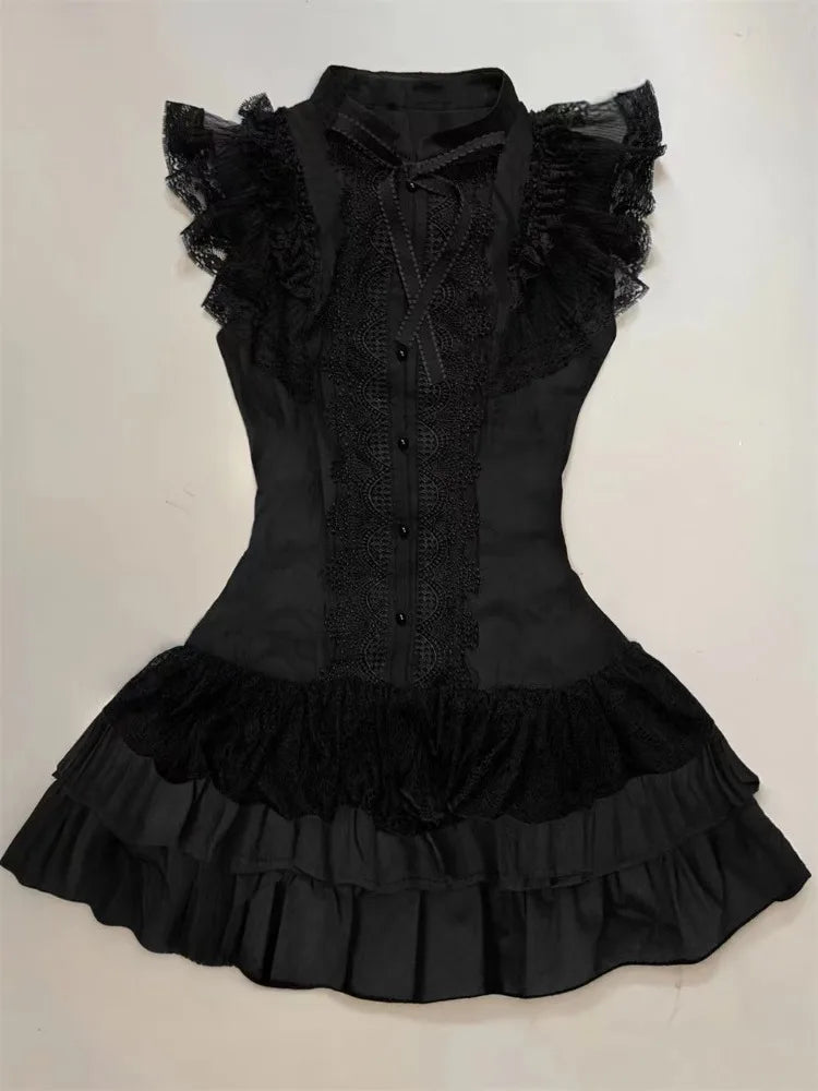 Summer French Elegant Bow Dress Women Gothic Black Vintage Mini Dress Sweet Fashion Off Shoulder Slim Fit Chic Party Outfits New