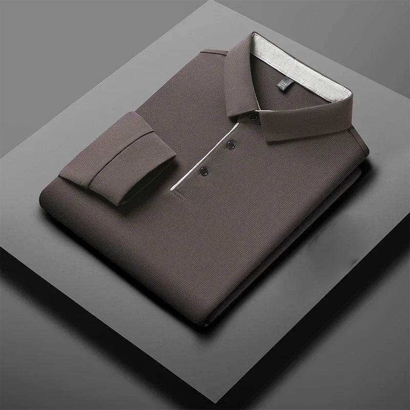New Men's Business Casual  Long Sleeve Solid Color Polo Shirt Fashionable Warm Comfortable Four Seasons Versatile Top