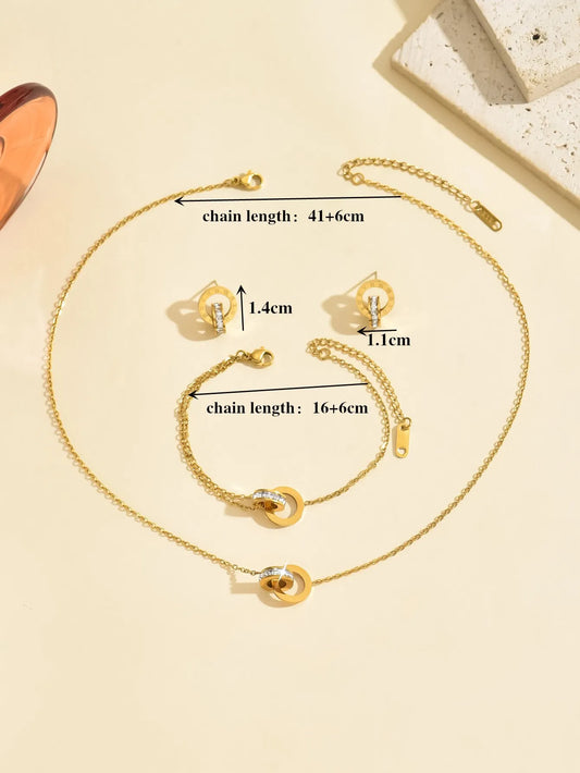 Roman Fashion Double Ring Necklace Bracelet Earring Set Women's Jewelry