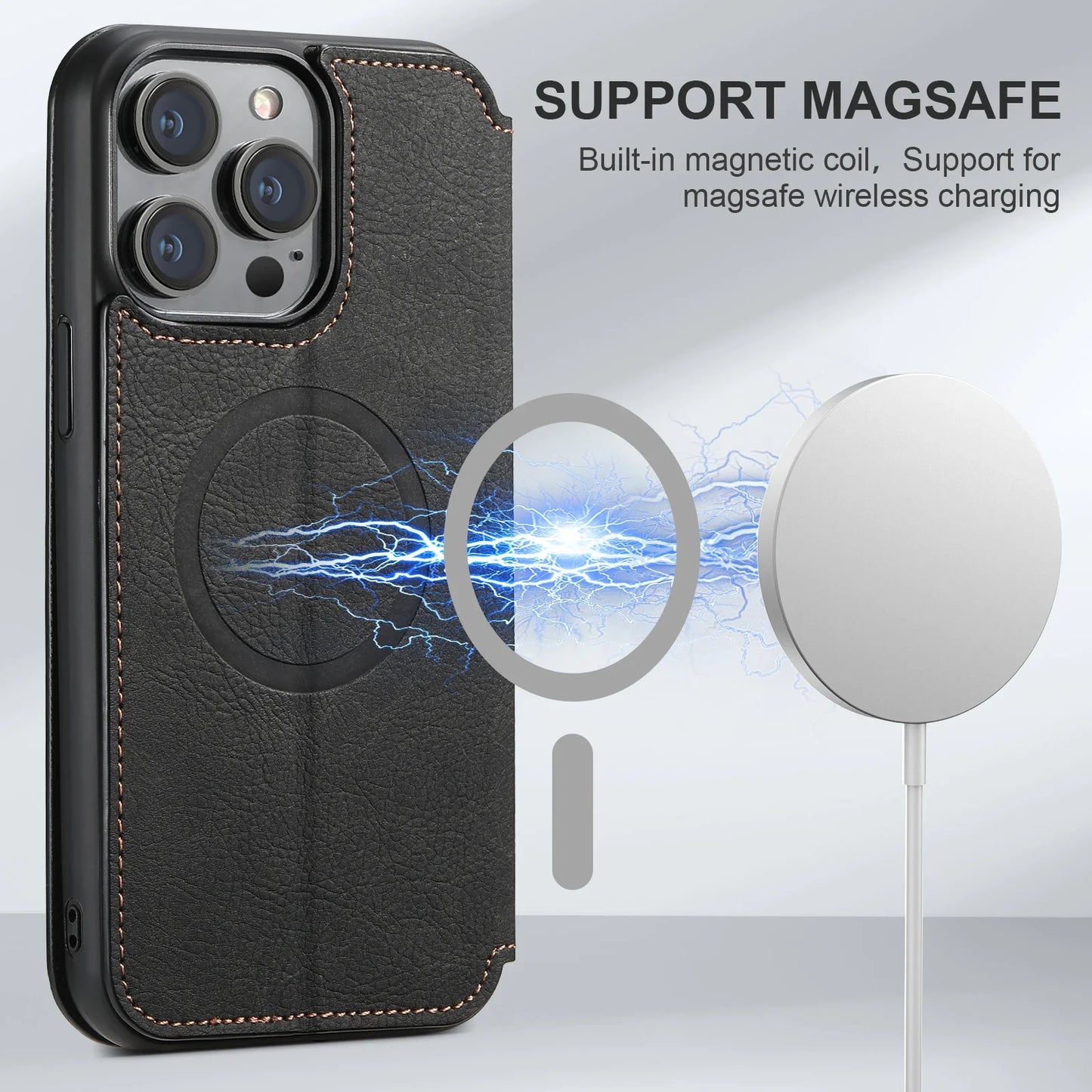 Wireless Charging Leather Phone Case For iPhone 12 13 14 15 16 Plus 17 Pro Max Flip Cover Wallet Card Holder