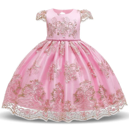 Girls Dress Mesh Pearls Children Wedding Party Dresses Kids Evening Ball Gowns Formal Baby Frocks Clothes for Girl 4-10Yrs