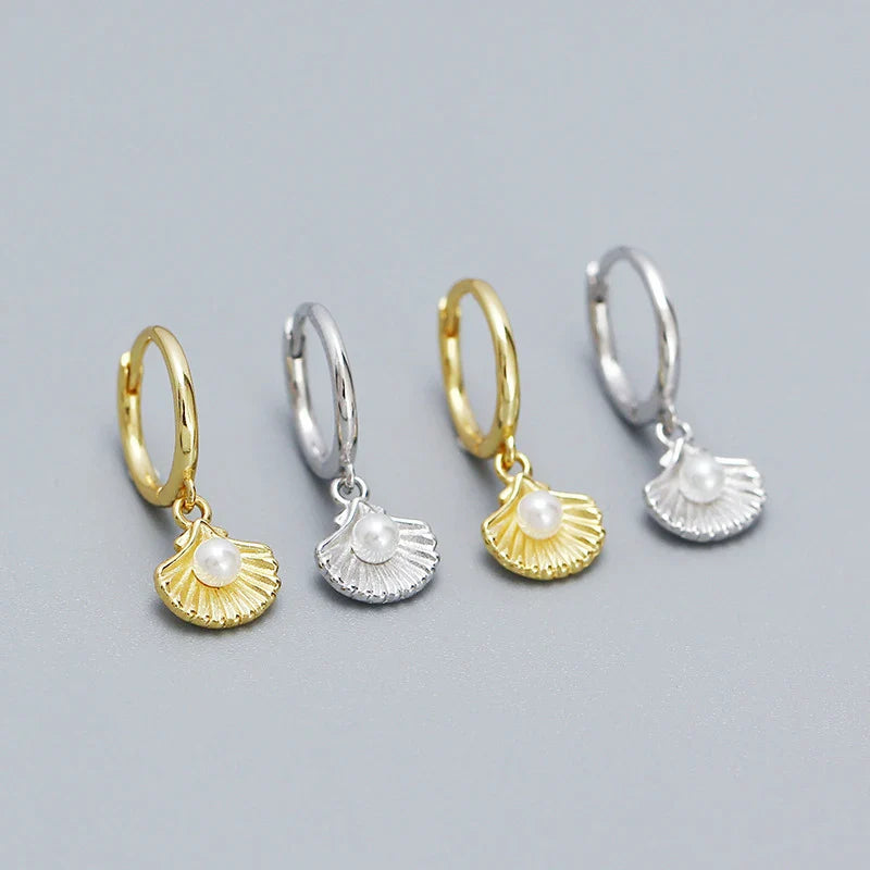 WANTME 925 Sterling Silver Romantic Sea Shell Pendant Synthetic Pearl Drop Earrings for Women Trendy Beach Bohemian Part Jewelry