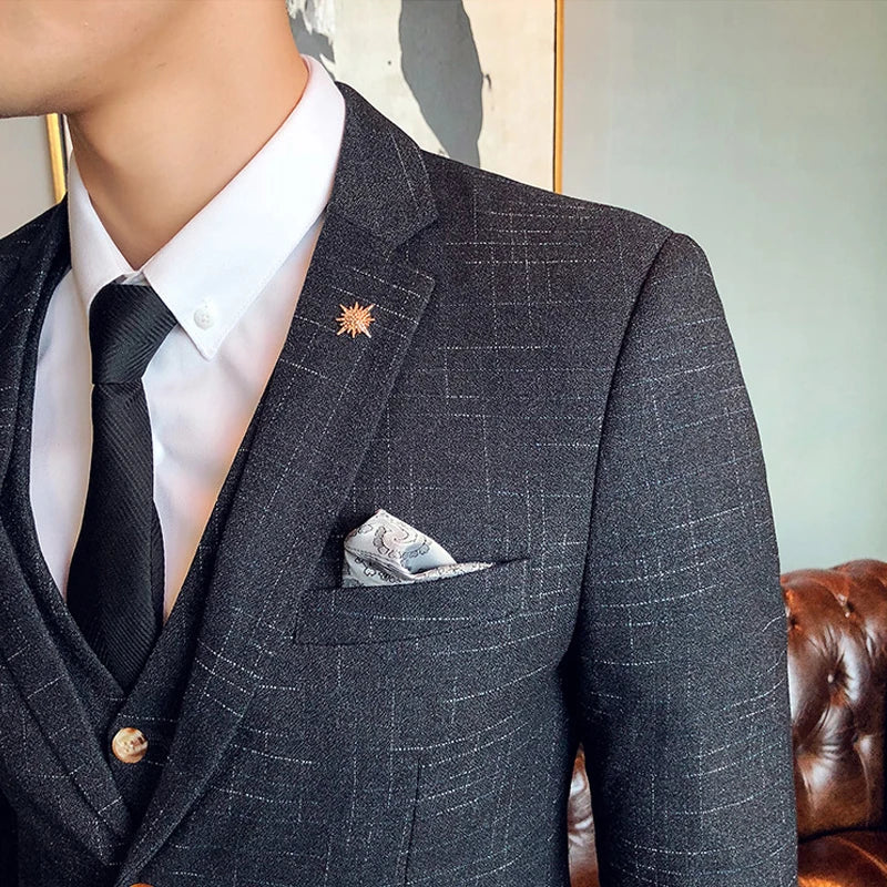 Tuxedo for Mens:Groom Wedding Dress Dark Plaid Classic Retro Men's Formal
