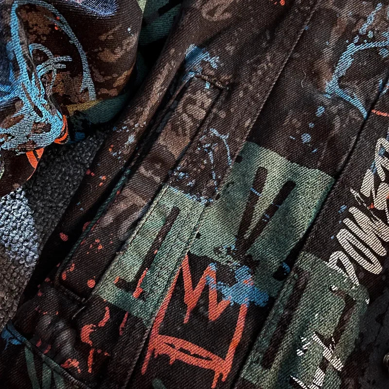 Hip Pop Leter Graffiti Denim Jacket Men's Fashion Spring Punk Wear Korean Jeans Coat