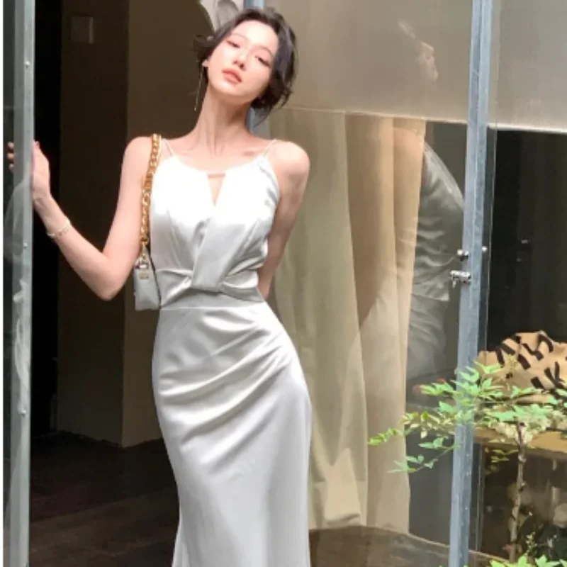 Evening Dresses: Stain Midi Dress Women Evening Party Dress Elegant Sleeveless