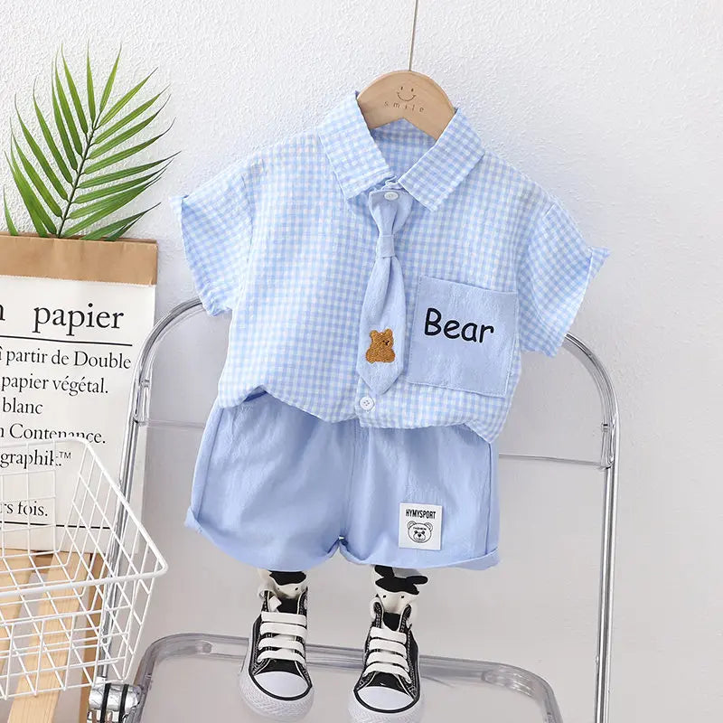 Summer Casual Plaid T-Shirt And Pants Set with Tie for Baby Boys Cotton Toddler Outfit 2Pcs Clothing Suit Kids Clothing