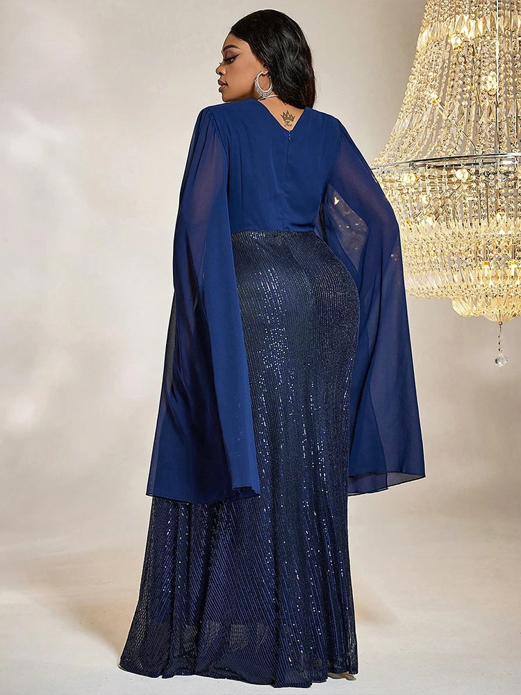 TOLEEN Women Plus Size Maxi Dresses Blue Sequin Formal Dress Elegant V-neck Extra Long Split Sleeves Tight Wedding Party Dress