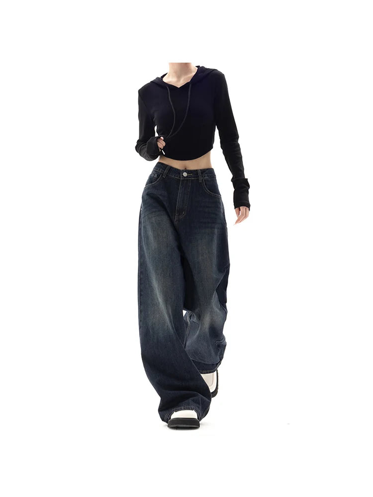 Streetwear Vintage High Waist Loose Straight Jeans Pants Korean Fashion Women's