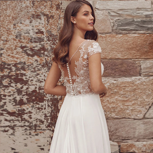 Beach Chiffon Wedding Dresses With Cap Sleeve V-Neck Lace  Appliques Boho