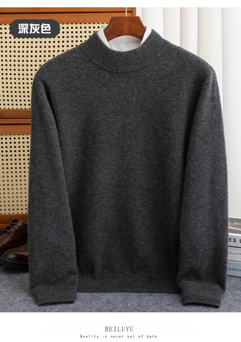 Fashion Men's 100% Wool Pullover Half-high Collar Sweater Autumn Winter Warm Top