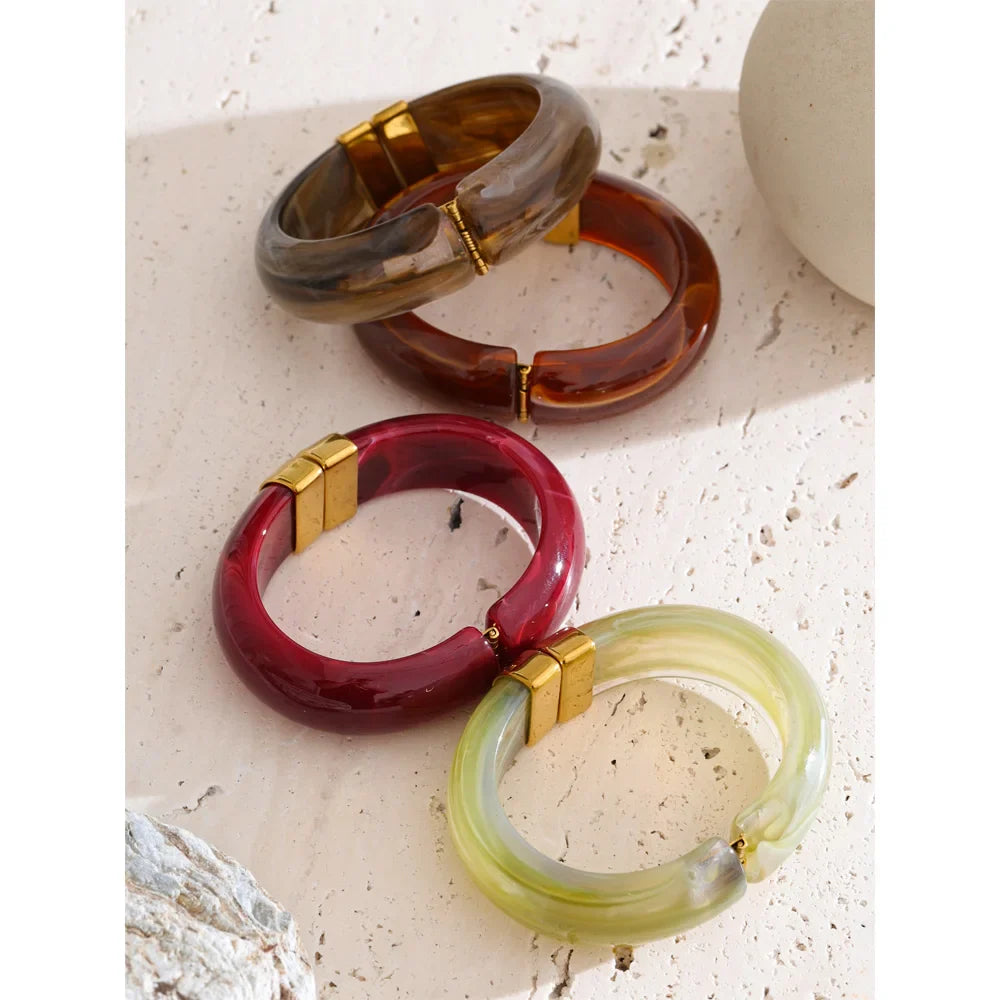 Yhpup 66mm Green Pink Brown Purple Acrylic Thick Bracelet Bangle for Women Stainless Steel Arrivals 2025 Wrist Jewelry Gift