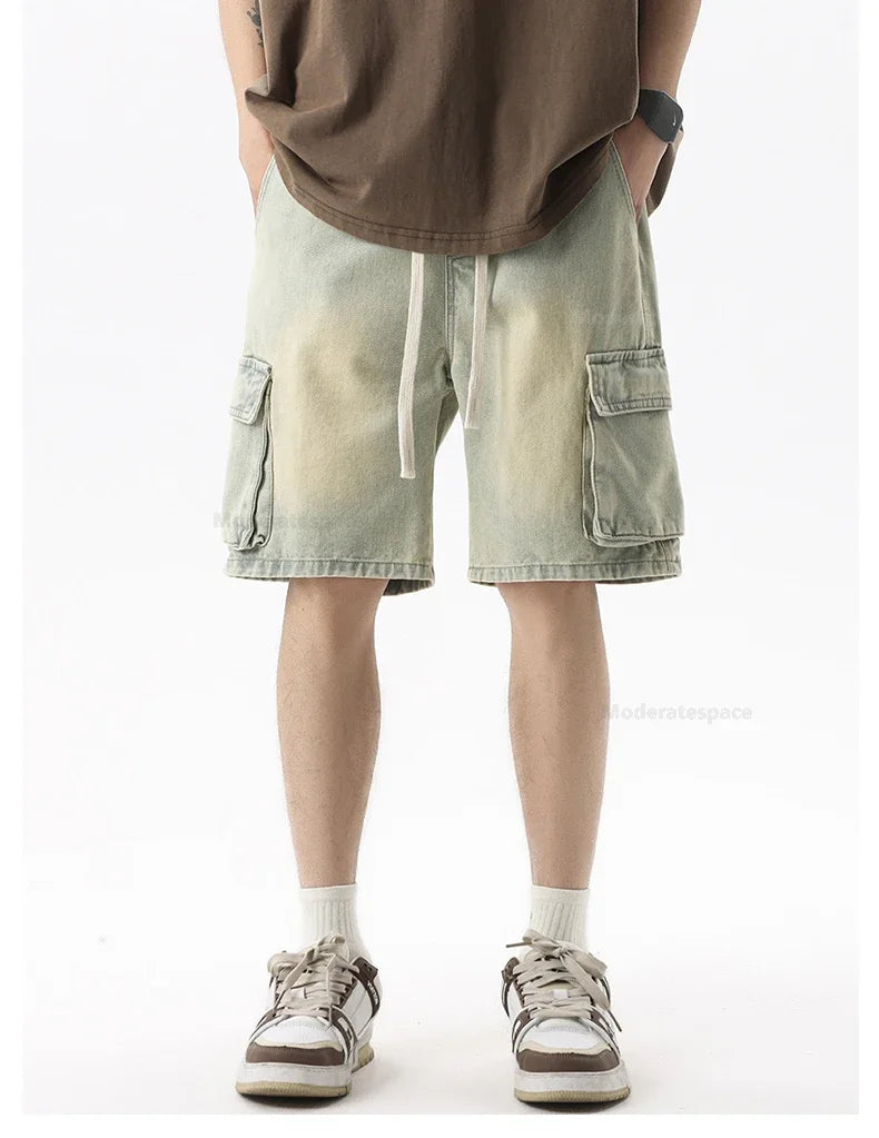Summer Retro Fashion Denim Shorts for Men Loose Straight Leg Multi-pocket Short Jeans With Elastic Waist and Drawstring Male