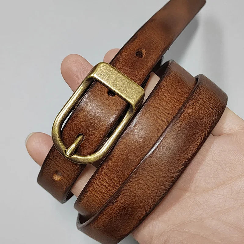 Retro Narrow Cowhide Women's Belt Pure Copper Button Top Cowhide All-match Casual Jeans Belt High Quality Luxury Women Belt