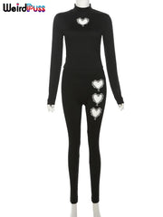 Hollow Women 2 Piece Set Rhinestones Rhines Ribbed Skinny Elastic Long Sleeve