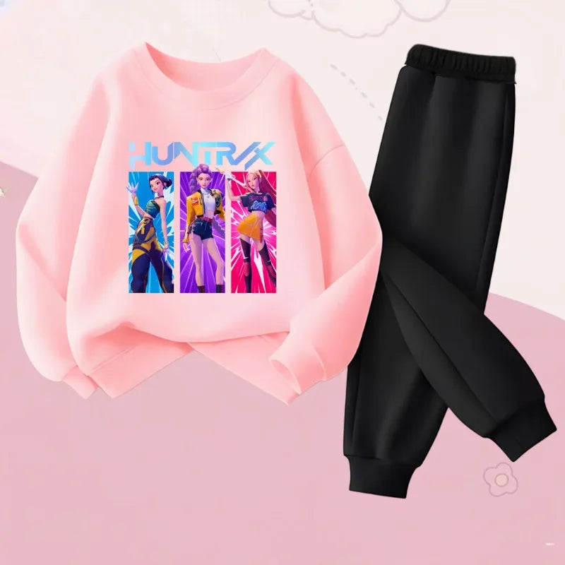 K-POPcartoon Printed Spring Autumn Girls O Neck Hoodies Sets Children Sweatshirt Sweatpant 2pcs Suit Kids Casual Pullover Set